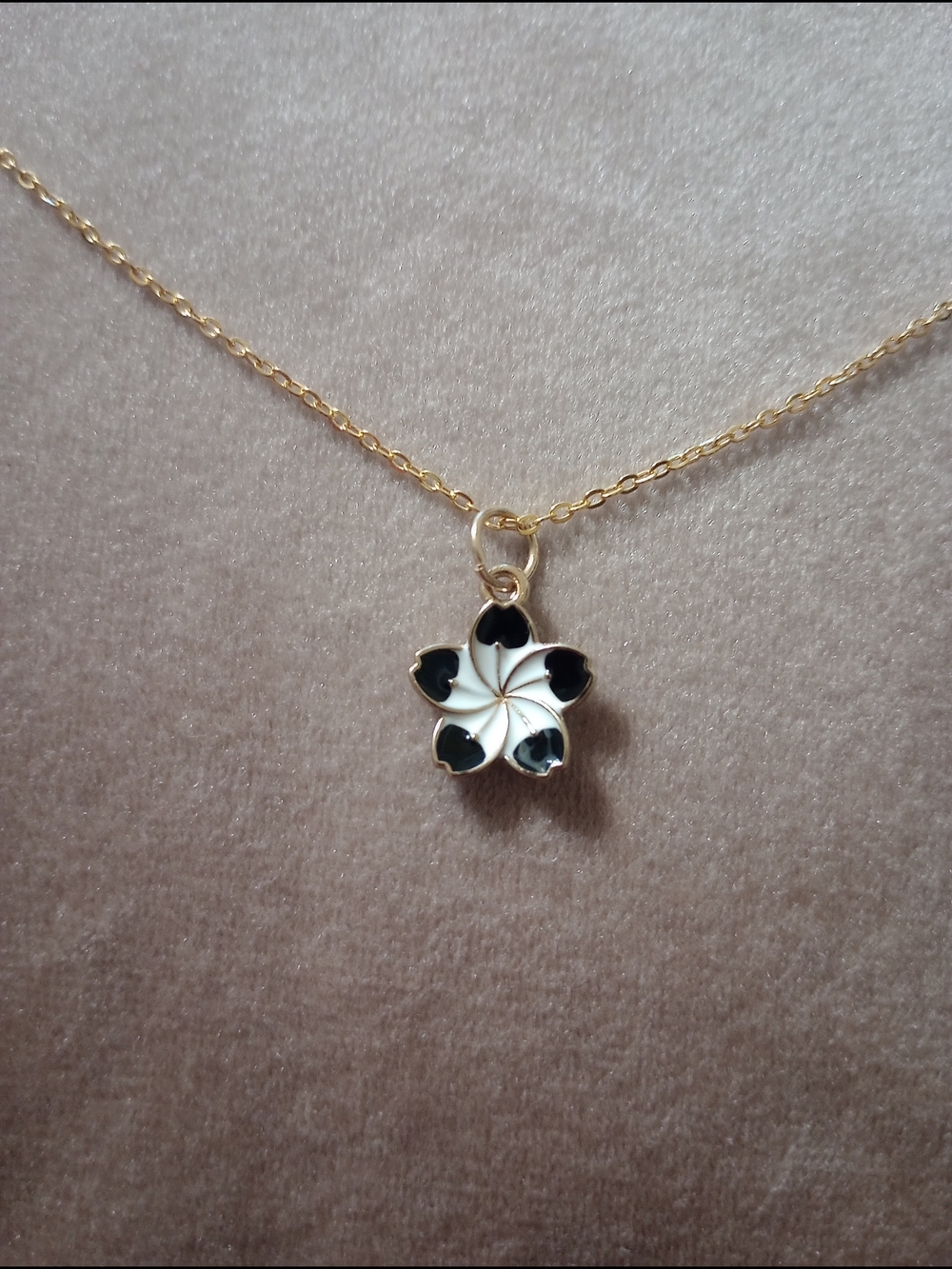 Gold-Tone Black & White Enamel Flower Pendant Necklace